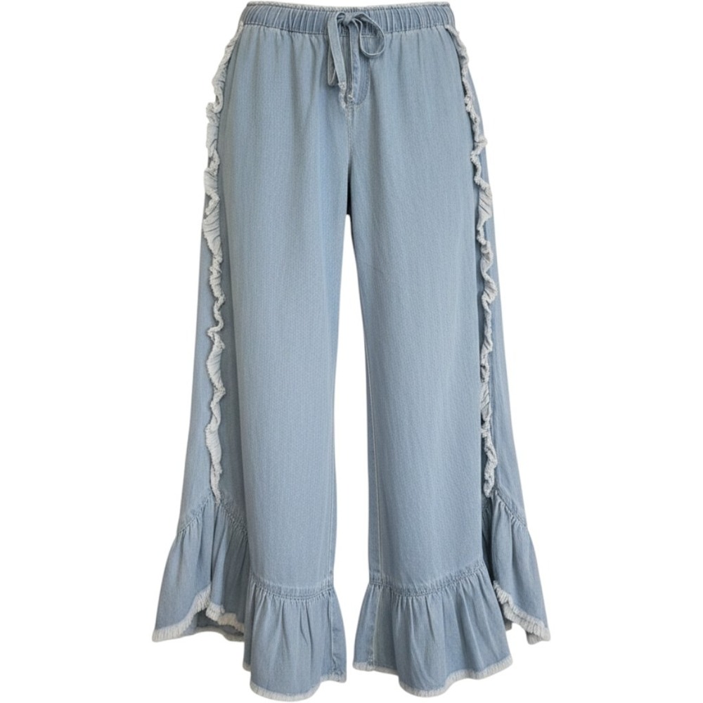 Womens Light Wash Ruffle Trim Wide Leg Chambray Denim Boho Pants Blue Size 14